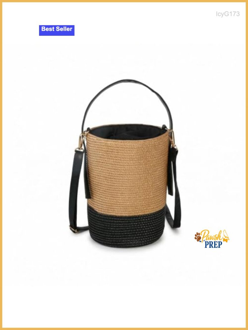 Woven Mini Bucket Bag with Leather Strap Drawstring Closure Crossbody Summer